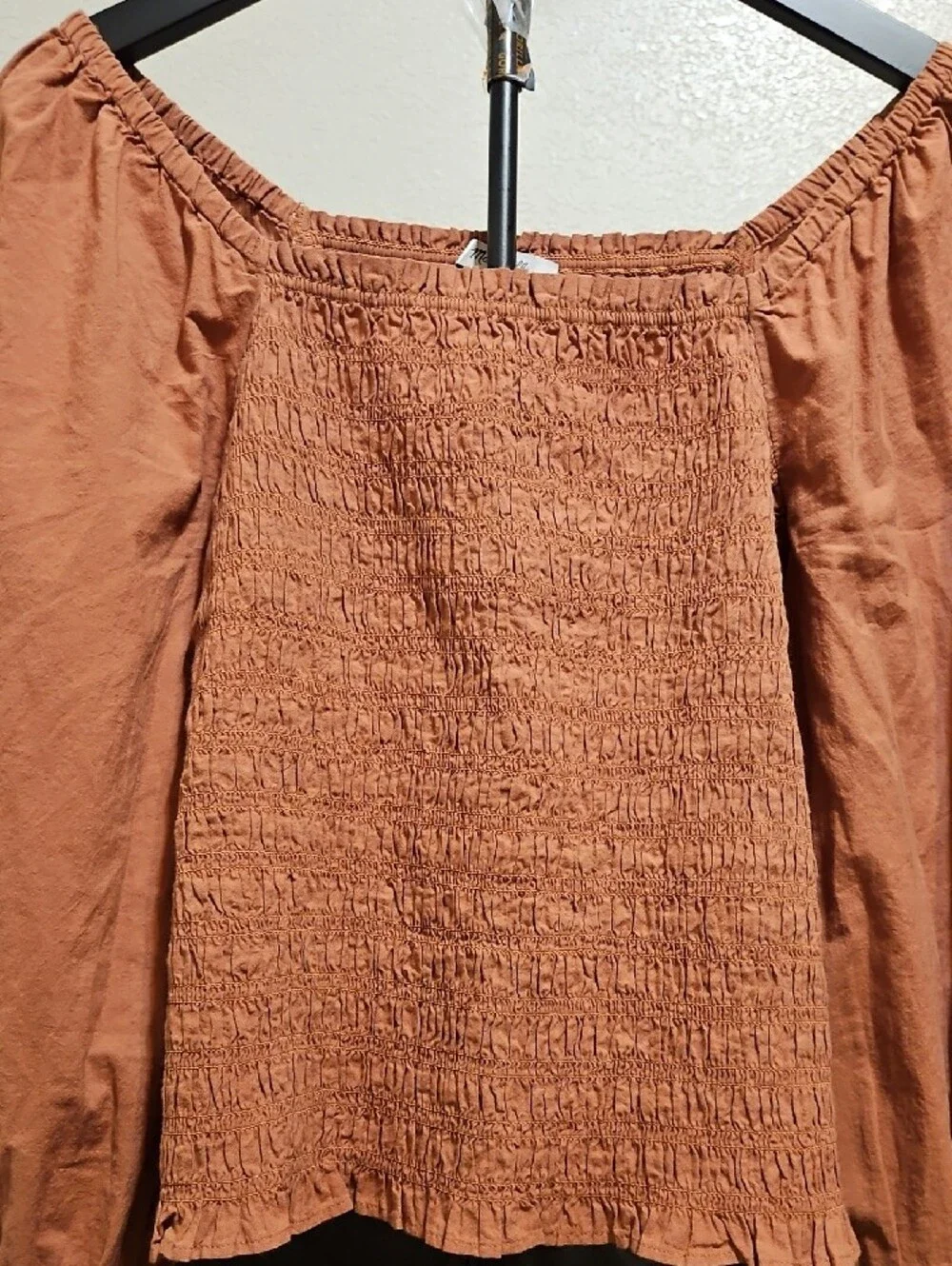 Madewell Brown Smocked Off-Shoulder Blouse